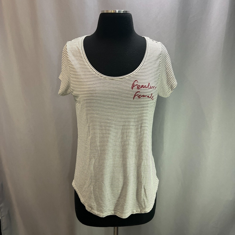 Lucky Brand T Shirt Womens Medium White Black Striped Fearless Female Spell Out